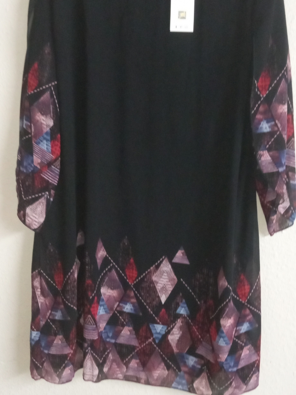 New!Plus Size Women's Black Geometric Trim Sheer Dress With Built In Underdress.
